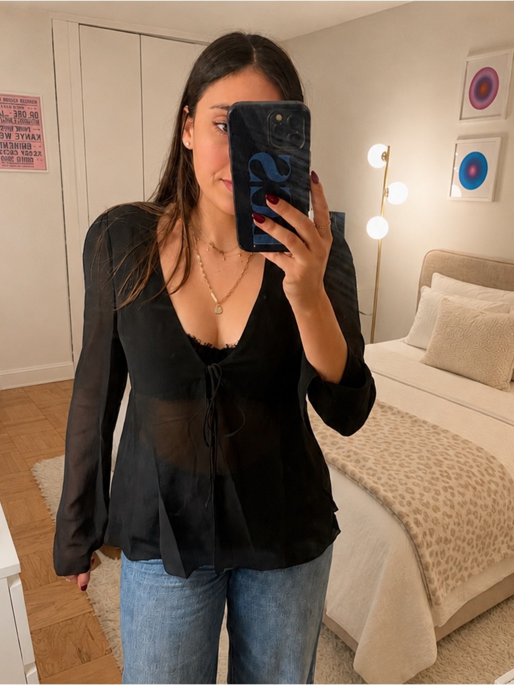 Black Sheer Tie Front Long Sleeve Blouse | NBD / Revolve